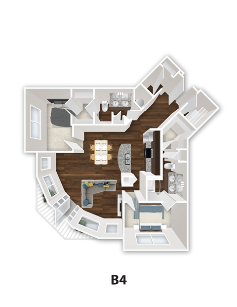 A floor plan of a home with a living room, dining room, kitchen, and two bedrooms.
